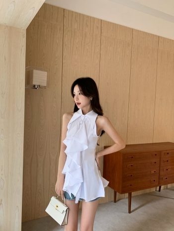 【Z828693】純欲性感掛脖露肩不規則荷葉邊連身裙
