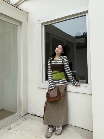 【Z829717】拼接針織抹胸+撞色條紋長T兩件套