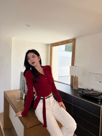 【Z829743】法式polo領收腰綁帶襯衫