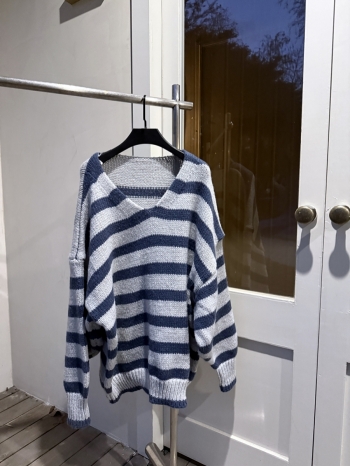 【Z829821】撞色條紋V領粗線針織衫