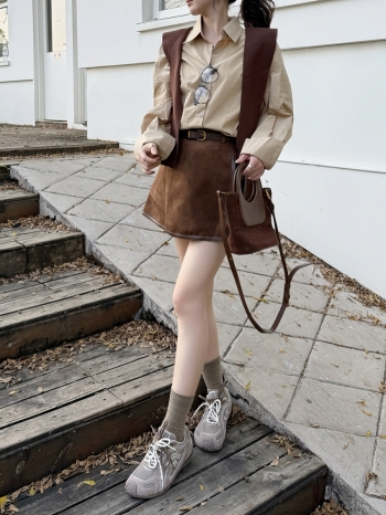 【Z829792】麂皮包邊撞色設計感裙褲