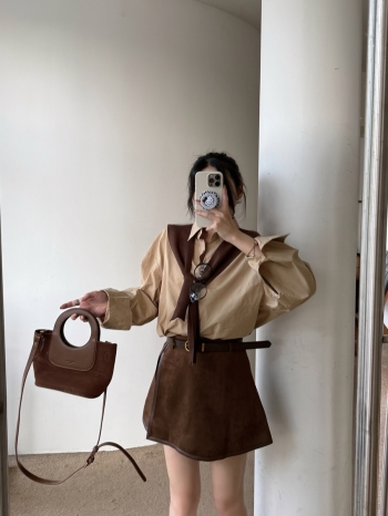 【Z829817】學院風針織披肩純色襯衫