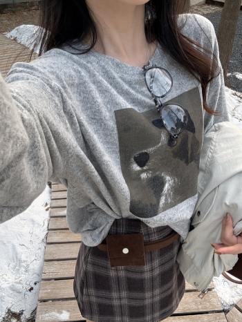 【Z829818】韓系小狗印花圓領磨毛長T