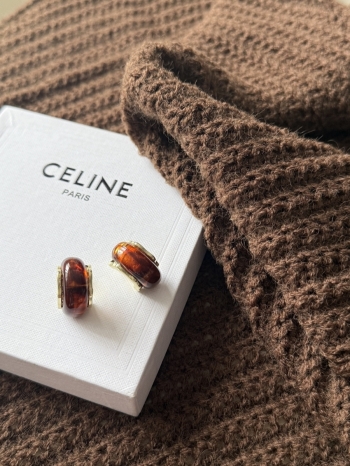 【Z829811】焦糖琥珀C形金色耳環