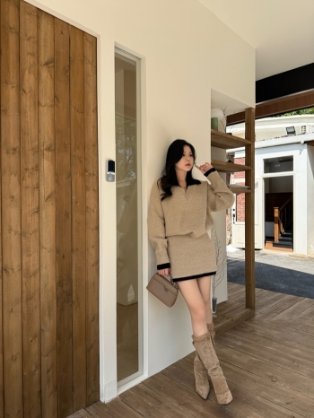 【Z829801】撞色polo領針織短裙套裝