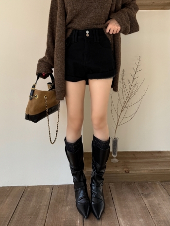 【Z829825】甜酷捲邊口袋加絨牛仔短褲