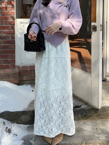 【Z829843】鬆緊腰蕾絲鉤花加絨長裙