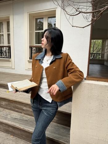 【Z829847】牛仔拼接假兩件毛呢外套