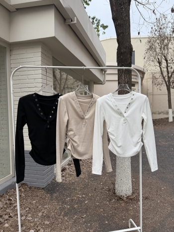 【Z829873】摺皺半開釦V領磨毛長袖