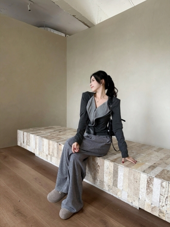 【Z829854】撞色荷葉邊假兩件磨毛長袖