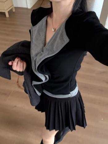 【Z829854】撞色荷葉邊假兩件磨毛長袖