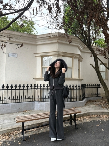 【Z829856】毛毛領連帽外套喇叭褲套裝