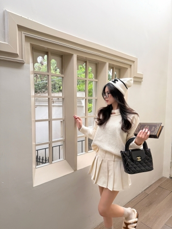 【Z829868】排釦針織拼接百摺短裙