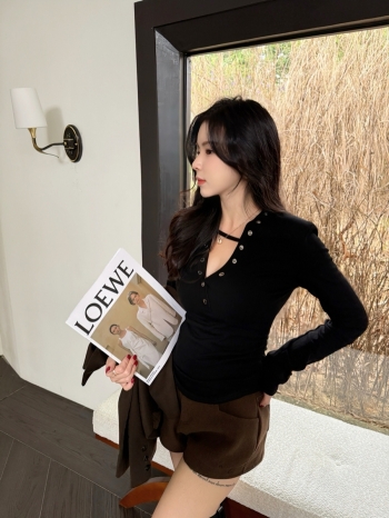 【Z829873】摺皺半開釦V領磨毛長袖