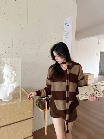 【Z829875】撞色條紋V領飄帶針織衫