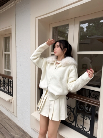 【Z829878】毛領可拆拉鍊針織外套