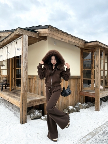 【Z829856】毛毛領連帽外套喇叭褲套裝