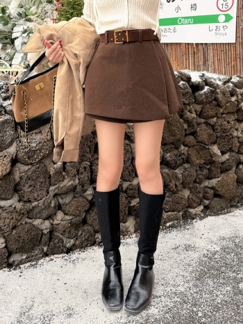 【Z829891】附皮帶不規則毛呢裙褲