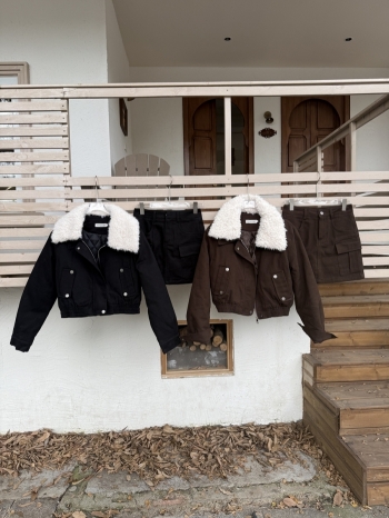 【Z829857】羊羔毛領外套牛仔短裙套裝