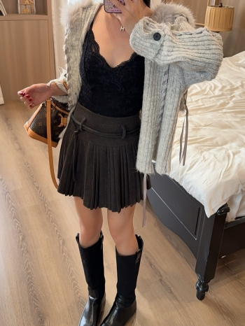 【Z829900】學院風毛呢繫繩百摺裙