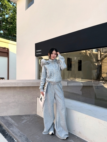 【Z829958】大毛領加絨連帽外套闊腿褲套裝