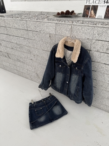 【Z829950】羊羔毛領加棉水洗牛仔裙套裝