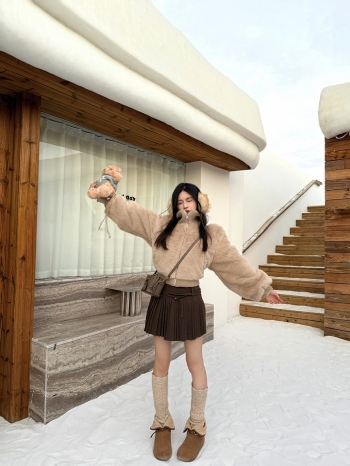 【Z829900】學院風毛呢繫繩百摺裙