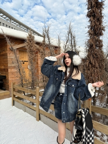 【Z829950】羊羔毛領加棉水洗牛仔裙套裝