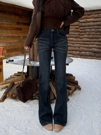 【Z830009】復古水洗加絨牛仔喇叭褲