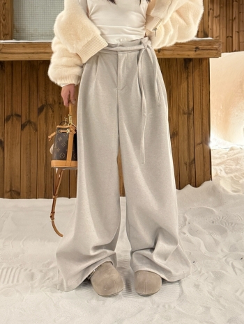 【Z829929】綁帶鬆緊腰毛呢休閒闊腿褲