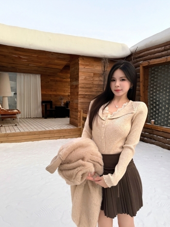 【Z829965】假兩件蕾絲翻領木耳邊針織衫