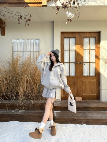 【Z829991】連帽外套側拉鍊毛呢短裙套裝