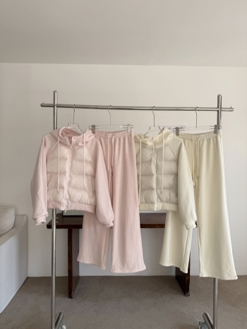 【Z830048】拼接連帽銀狐絨外套休閒套裝