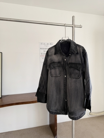 【Z830065】水洗做舊加絨拼皮牛仔襯衫