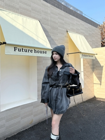 【Z830065】水洗做舊加絨拼皮牛仔襯衫