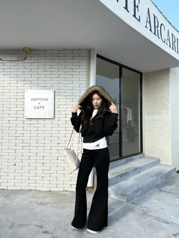 【Z830070】大毛領加絨翻邊微喇休閒褲套裝