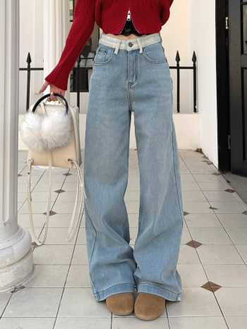 【Z830067】撞色腰頭水洗復合絨牛仔寬褲