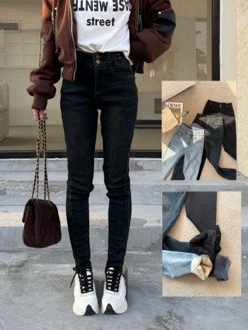 【Z830068】雙釦加絨修身小腳牛仔褲