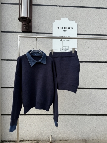 【Z830076】牛仔領拼接假兩件毛衣針織裙套裝