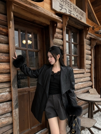 【Z830051】毛毛袖大翻領綁帶收腰皮外套