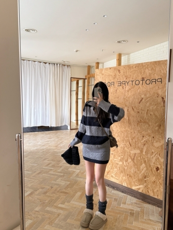 【Z830077】韓系chic翻領條紋毛衣針織裙套裝