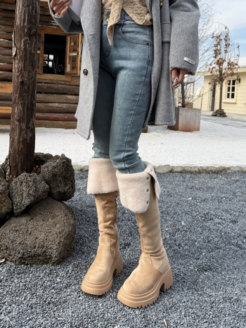 【Z830086】兩穿羊羔毛厚底過膝粗跟長靴