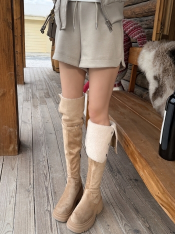 【Z830086】兩穿羊羔毛厚底過膝粗跟長靴