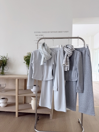 【Z830099】條紋圍巾立領修身外套休閒褲套裝