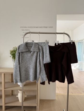 【Z830105】慵懶感翻領坑條針織短褲套裝