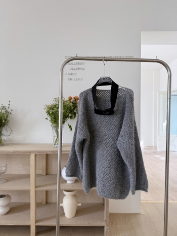 【Z830113】韓系灰色蝴蝶結收腰針織毛衣