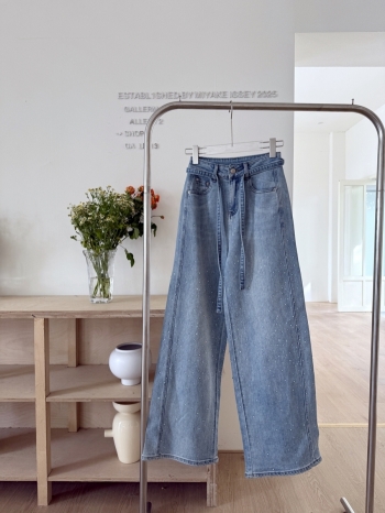 【Z830120】水洗重工燙鑽闊腿牛仔褲