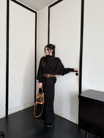 【Z830096】露脖蝙蝠袖針織長裙套裝(附腰帶)