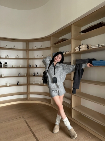 【Z830105】慵懶感翻領坑條針織短褲套裝