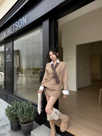 【Z830112】學院風假兩件針織連身裙(附皮帶)